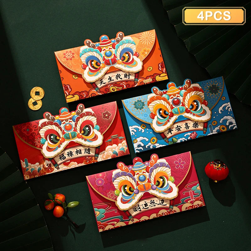 4PCS 2024 Chinese New Year Red Envelopes Cartoon Dragon Year Hongbao Spring Festival Money Pockets Wedding Lucky Packets