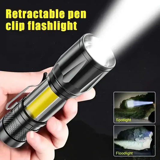 LED Flashlight Rechargeable USB Torch Pocket Flash Light COB Side Searchlight High Lumens Zoom Emergency Light with Pen Clip