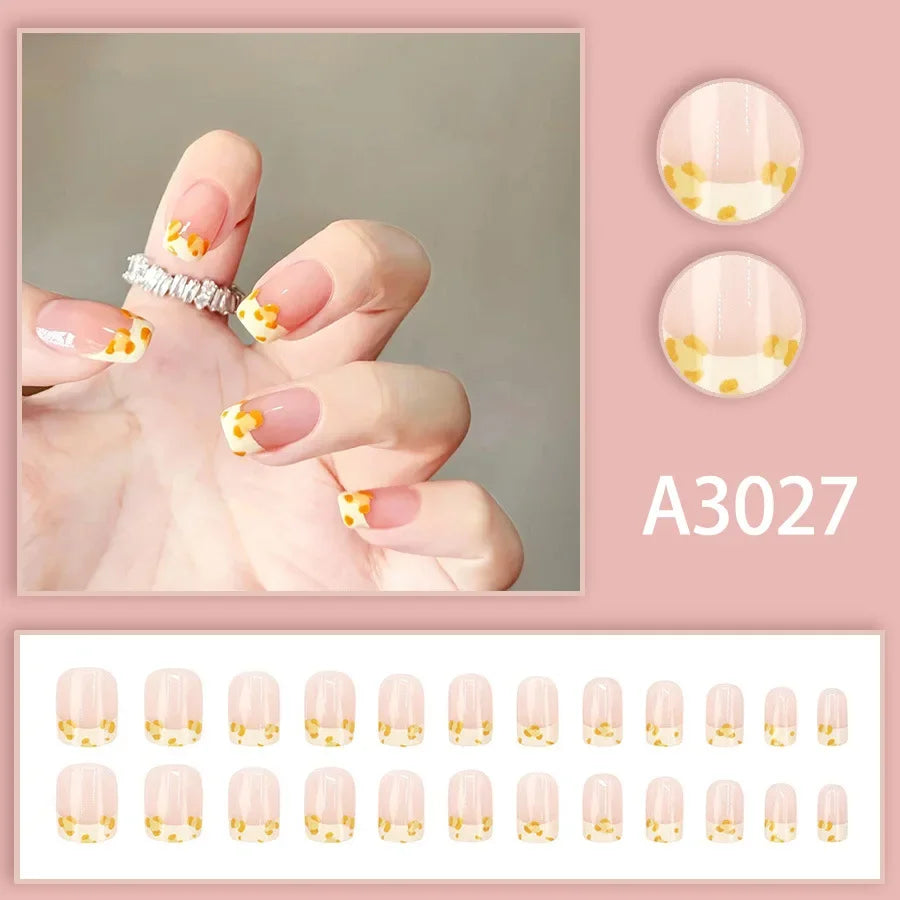 Watercolor Rose Fake Nail with Jelly sticker Press on False Nails Wearable Round Head Oval Full Cover Nail Tips