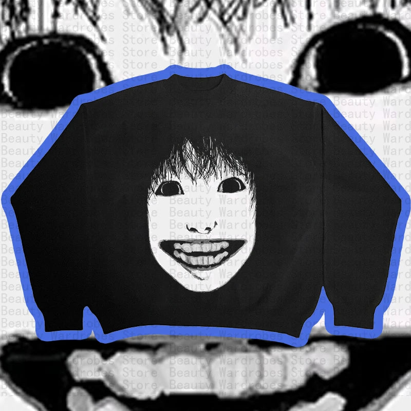 Casual Hip Hop Streetwear Knitted Sweater men Gothic portrait Print Pullover autumn Harajuku Cotton sweater Ghost Y2K