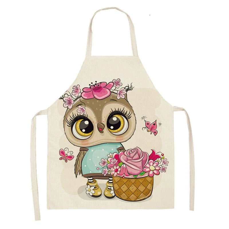 Owl Sleeveless Chef Apron Linen Floral Print Kitchen Decoration Apron Women'S Home Cooking Baked Waist Bib