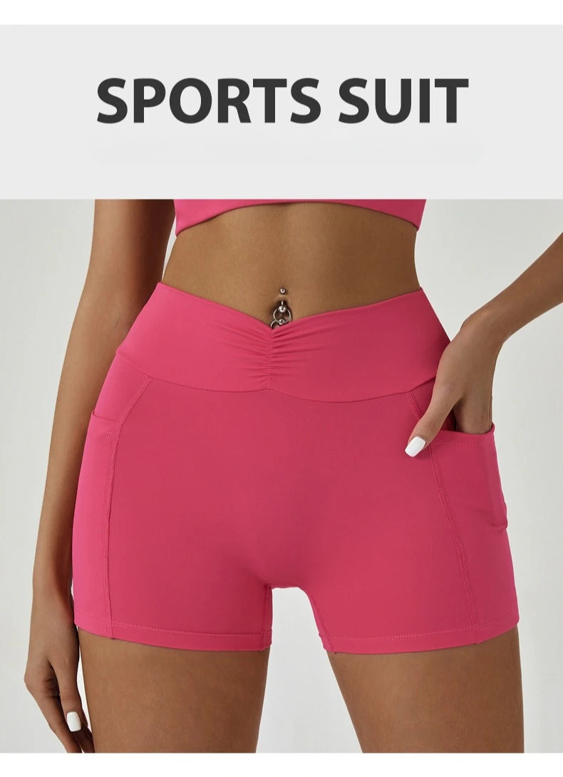 Tight Fitting Hip Yoga Shorts Pockets Women High Waisted Fitness Outdoor Leggings Scrunch Lifting Yoga Biker Shorts