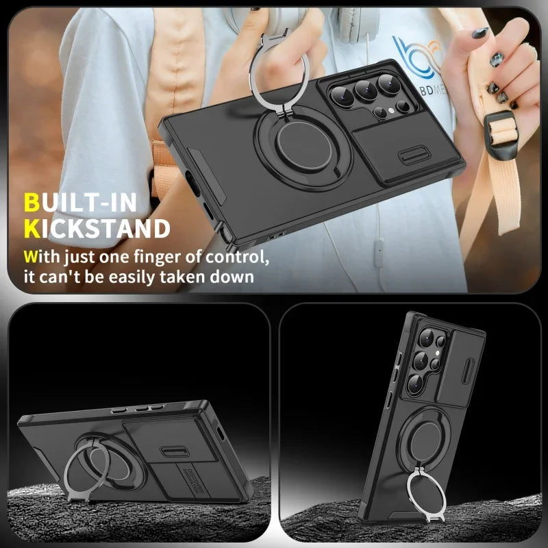 Case For Samsung Galaxy S25 Note 20 Ultra Plus A56 A36 A26 A05 A05S Slide Camera Protect Magnetic holder Armor Shockproof Cover