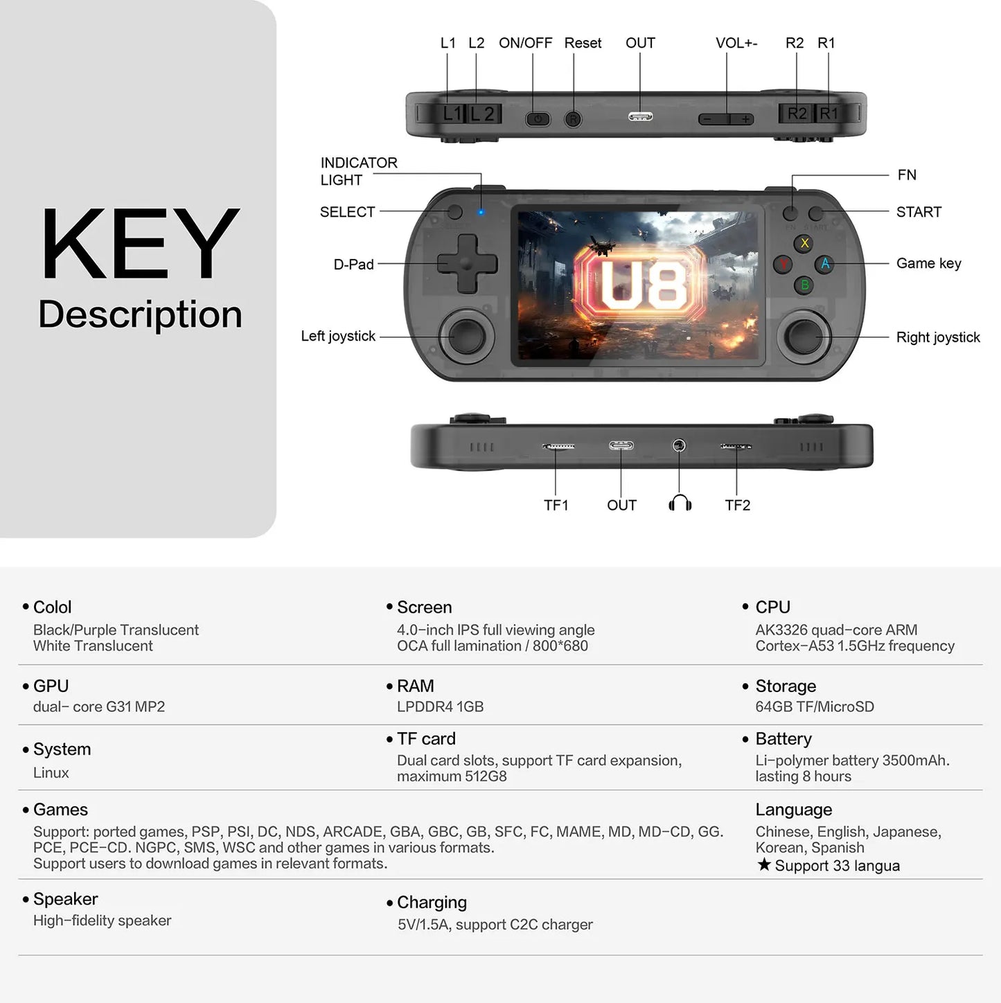 Open Source U8 Retro Handheld Video Game Console Linux System 4.0 Inch IPS Screen Portable Pocket Video Player 128GB Games