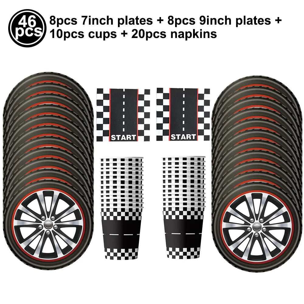 Traffic Cones and Racing Checkered Flags Black White Flags Kids Racing Theme Decorations for Race Car Birthday Party Supplies