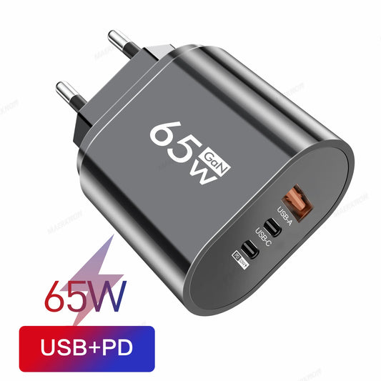 GaN USB C Charger Fast Charging EU US Plug 3 Ports 65W Quick Charge Phone Adapter For iPhone 15 14 Xiaomi Samgsung Wall Charger