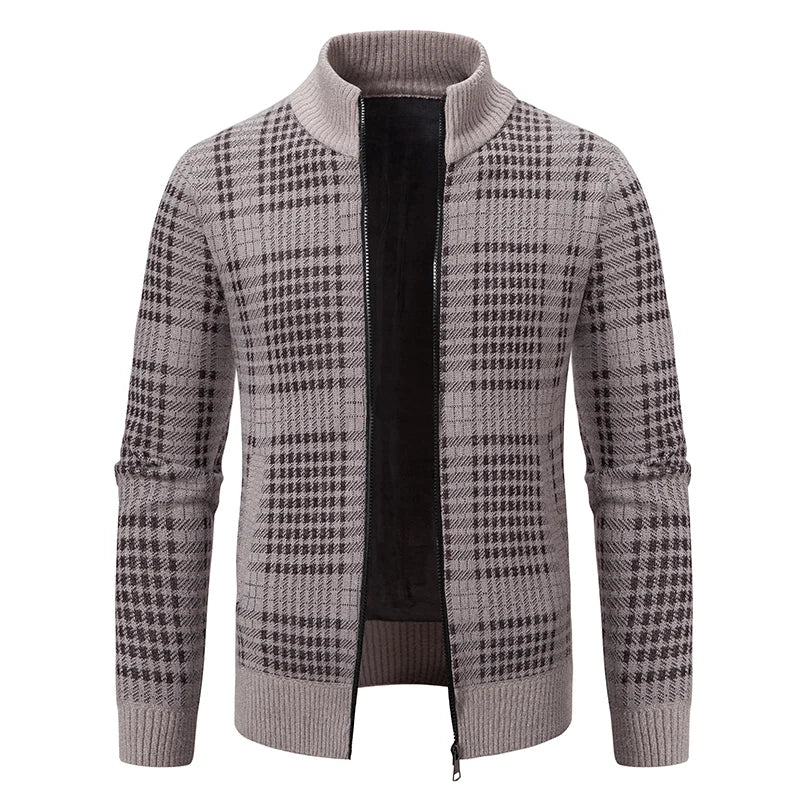 Mens Sweaters Jacket Full Zip Fleeced Sweater Cardigan Plaid Stand Collar Sweaters Coat Autumn Winter Homme Clothes