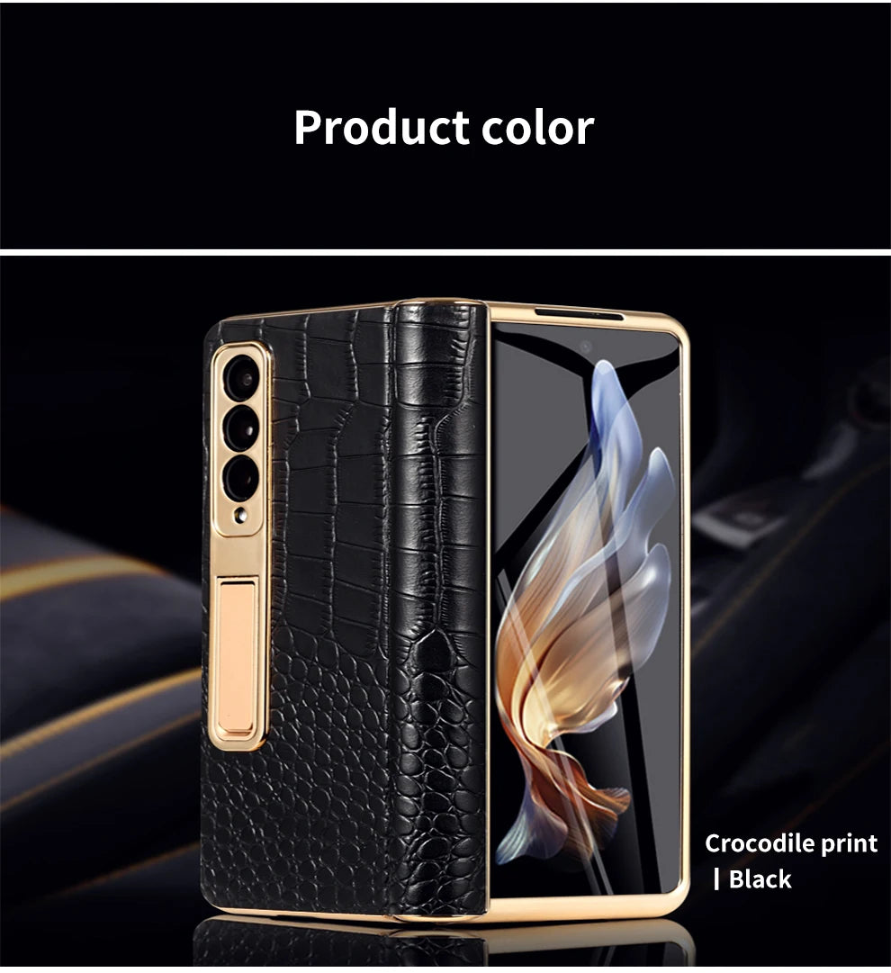 LANGSIDI Leather Case for Samsung Galaxy Z Fold 7 6 5 4 3 Fold6 Fold7 Gold Plating Magnetic Hinge Stand Cover with Mirror Film