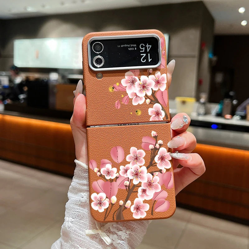 For Samsung Galaxy Z Flip 7 FE 6 5 3 4 Leather Texture Phone Case Floral Flower Soft TPU Folding Cover For Samsung Z Flip5 Flip6