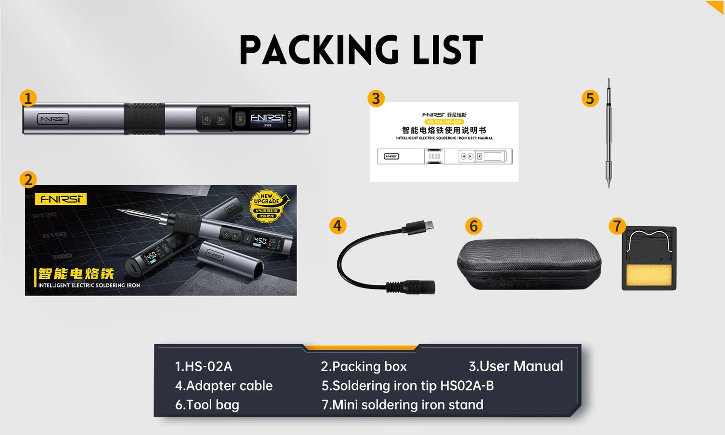 FNIRSI HS-02 Adjustable Temperature Soldering Iron DC 24V 100-450℃ Welding Solder Rework Station PD 100W Portable Repair Tool