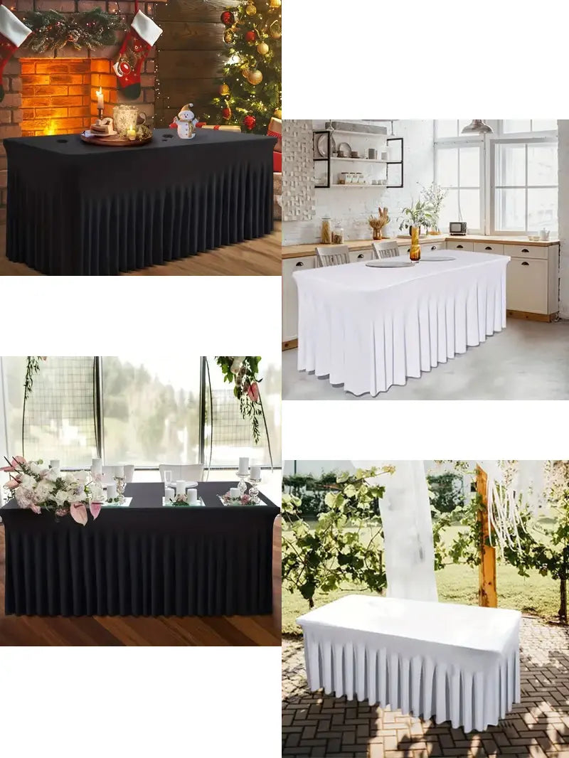 6ft, Rectangle Table Skirts, Polyester Fitted Table Covers, Black Table Cloth For 6 Ft Table With Skirt,Spandex Table Cover