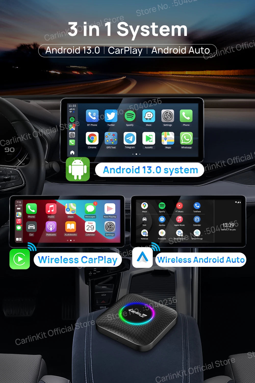 CarlinKit Android 13 SDM660 6225 CarPlay Ai Box LED 8-Cores Wireless Android Auto& CarPlay Car USB Adapter 64G 128G FOTA Upgrade