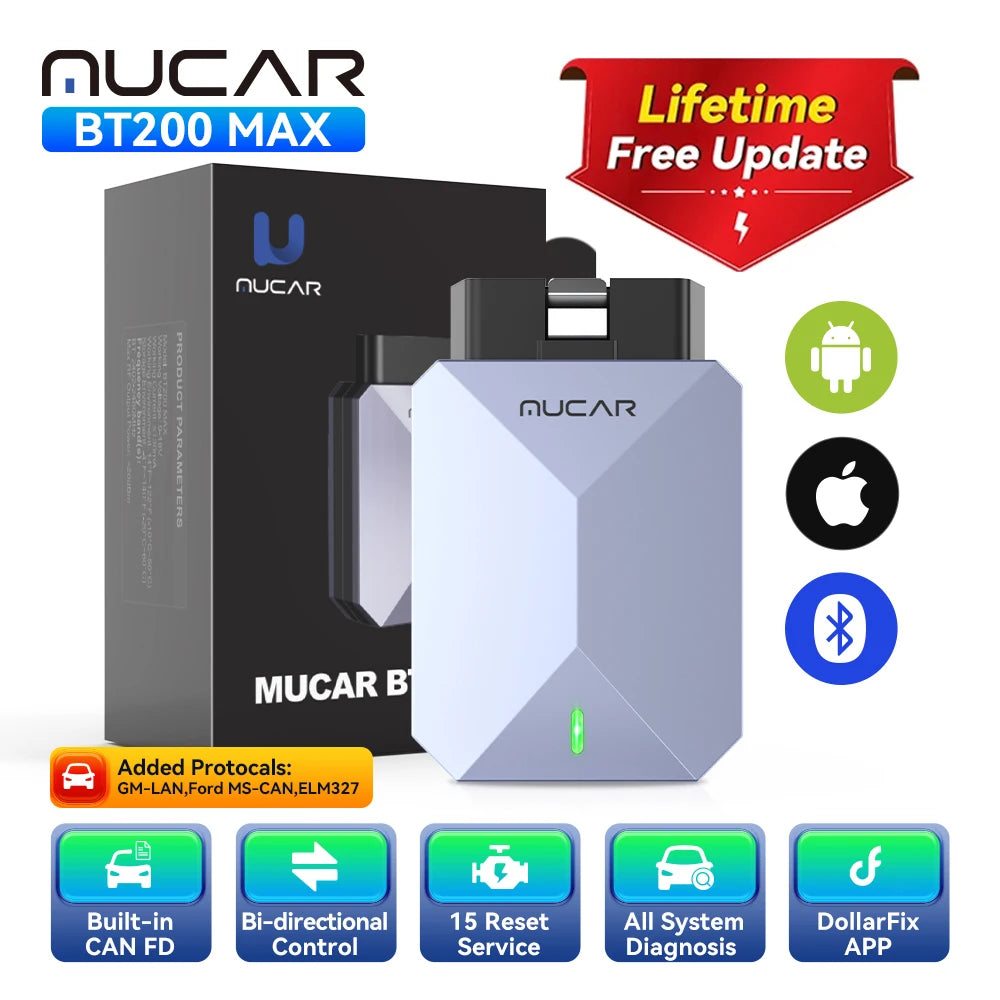 Lifetime Free Update MUCAR BT200 Max OBD2 Scanner CAN FD Bi-Directional Control All System Diagnostic Tool 15 Reset for All Cars
