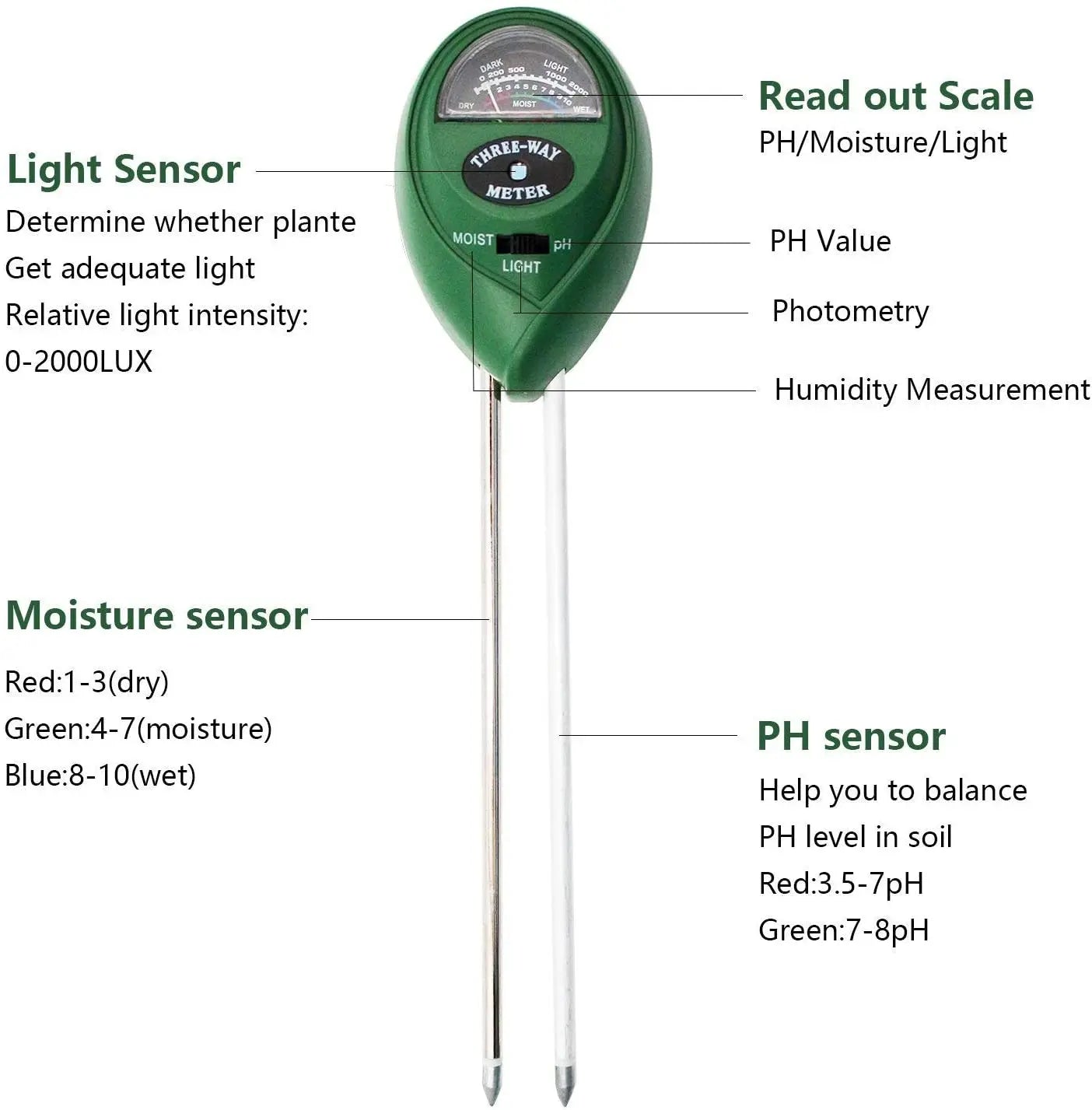 3 in 1 Soil Meter Moisture Light PH Testers With 2 Probes Soil Monitor for Garden Plant Test Flower Instrument Tool