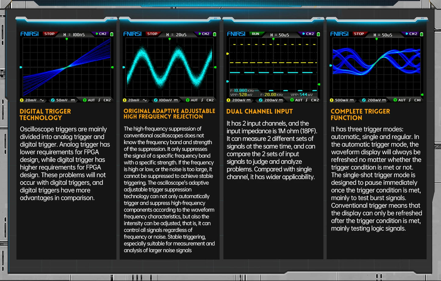 FNIRSI DPOX180H Handheld Dual Channel Digital Oscilloscope 180MHz-3DB 2 In 1 Function Signal Generator Fluorescence Display ZOOM