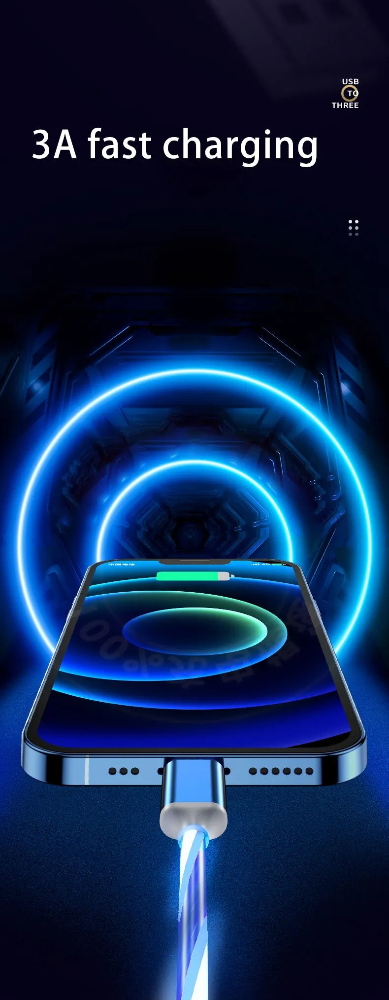 3 in 1 3A Fast Charging Glowing LED Light Micro USB Type C Cable For iPhone Samsung Xiaomi Redmi Phone Charger USB Cable