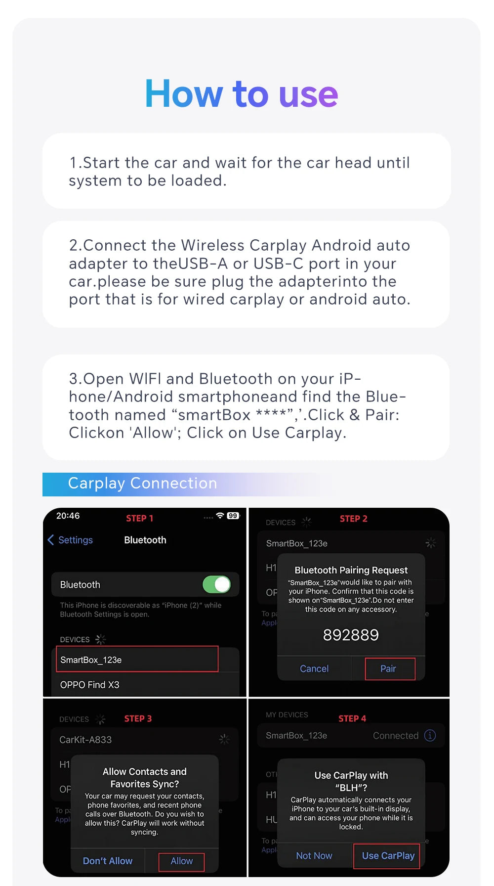 Mini Box Wired to Wireless CarPlay and Android Auto 5GHz WiFi5 Transmission Speed Plug and Play Fashionable and Portable