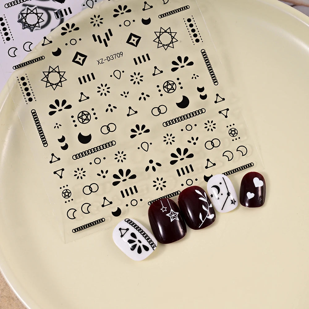 12Pcs Gold/Silver Tasse/Line/Star/Moon 3D Nail Art Stickers Leaf/Geometric Design Self-adhesive Sliders Luxury Manicure Decals