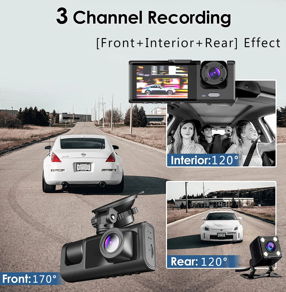 3 Channel Car DVR HD 1080P 3 Lens Inside Vehicle Dash Cam Three Way Camera DVR Recorder Video Registrator Dashcam Camcorder