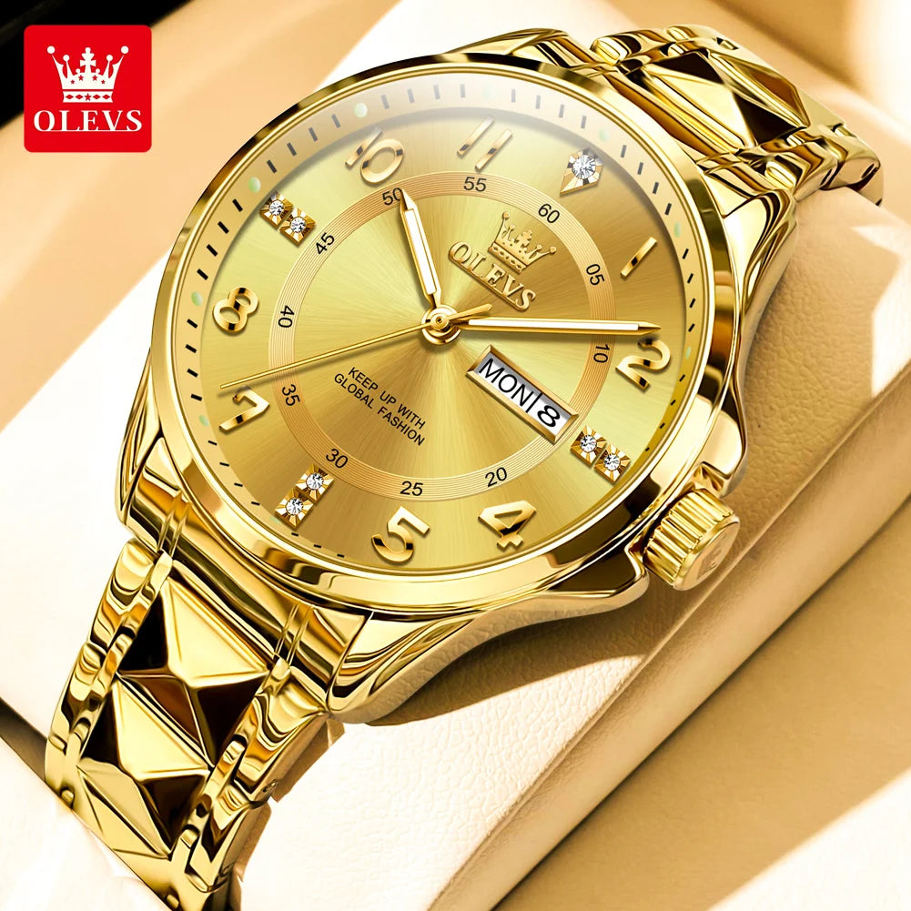 OLEVS 2910 Luxury Men Women Couple Watch Dual Calendar Display Waterproof Stainless Steel Clock Gold Diamond Couple Quartz Watch