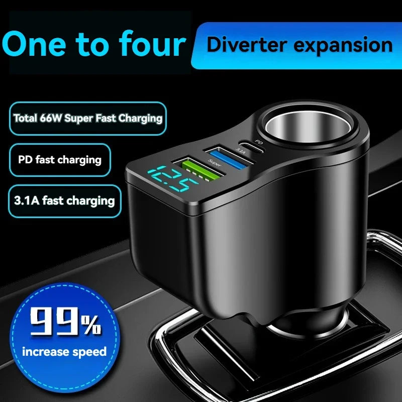 New digital display car fast charging dual USB car charger car one to three cigarette lighter 66W car multifunctional charger