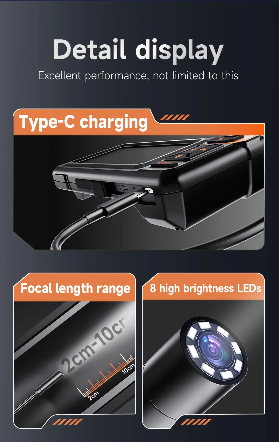 Industrial Endoscope Camera 4.3inch IPS Screen Sewer Pipe Inspection Camera for Car Repair IP67 Waterproof Probe Borescope