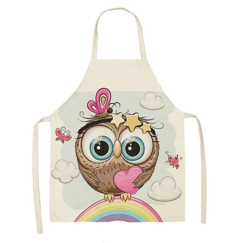 Owl Sleeveless Chef Apron Linen Floral Print Kitchen Decoration Apron Women'S Home Cooking Baked Waist Bib