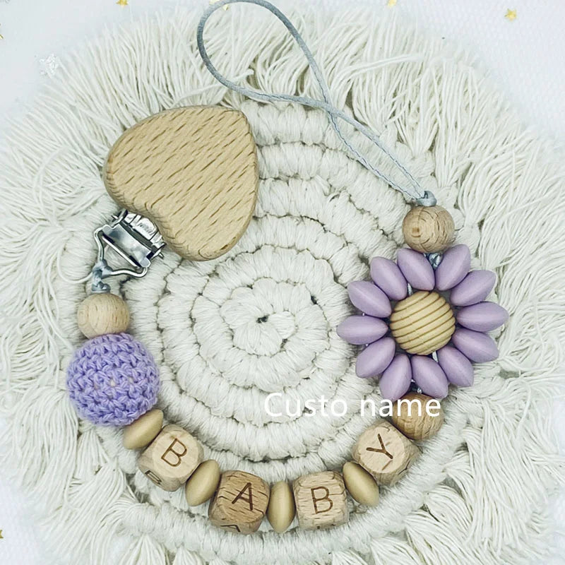 Custom Name Silicone Beads Wooden Ring Pacifier Clips Safe Teething Chains Baby Teether Eco-friendly Dummy Beech Clips Holder