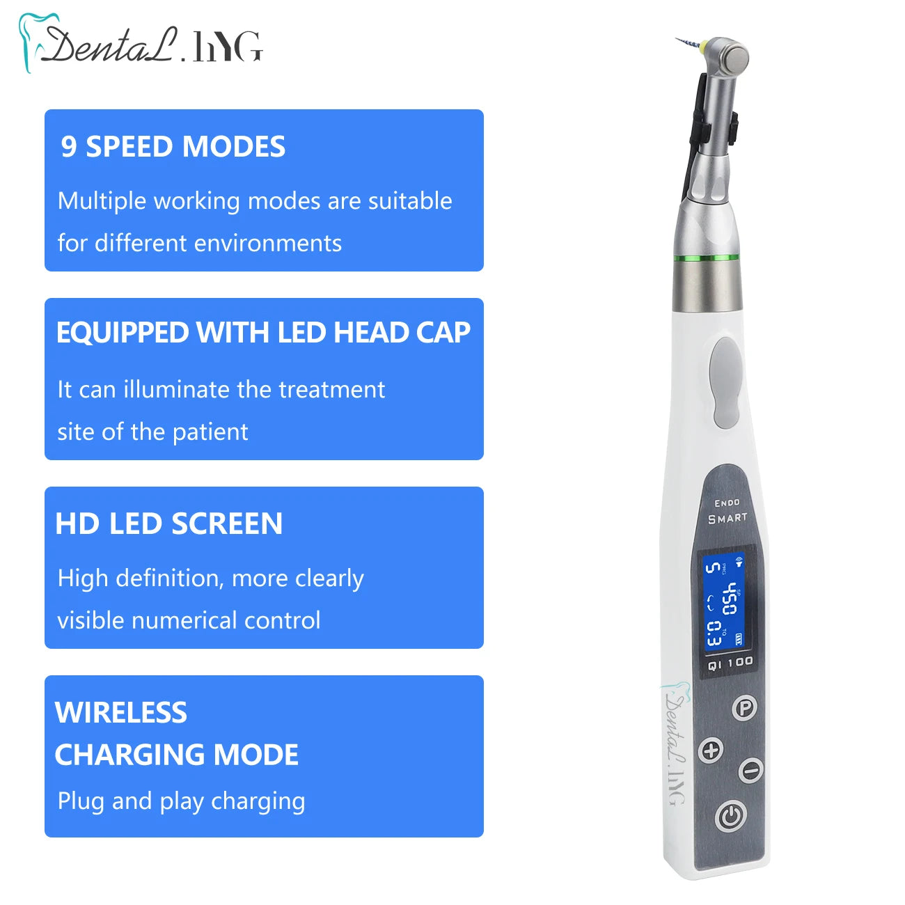 Dental Wireless Endo Motor Smart 9 Programs with LED Lamp and 16:1 Reduction Contra Angle Endodontic Instrument