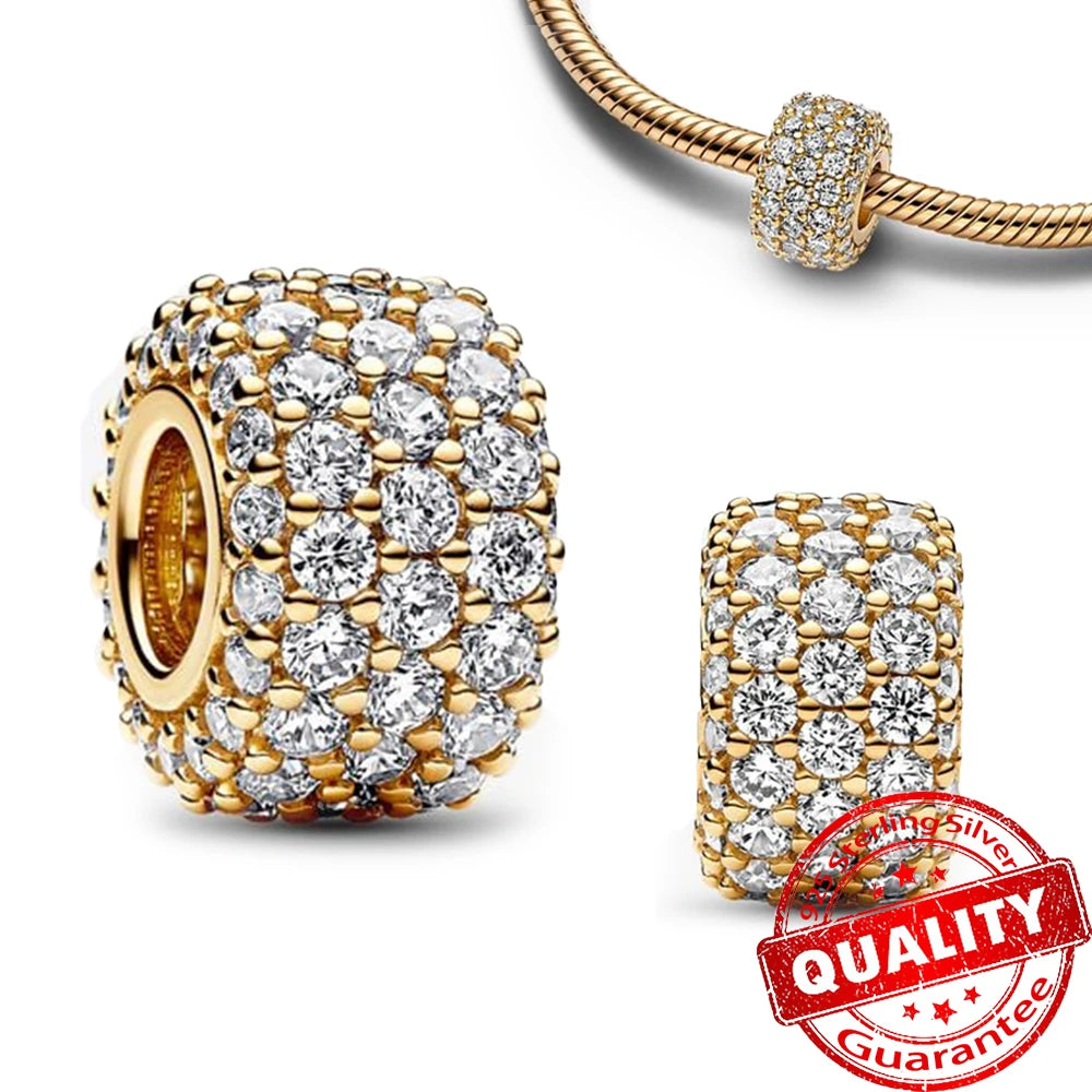 Sparkling 925 Sterling Silver Pavé Round Pink Charm Fit Original Bracelet Blue Charm Beads Women Necklace Fine Jewelry Gift
