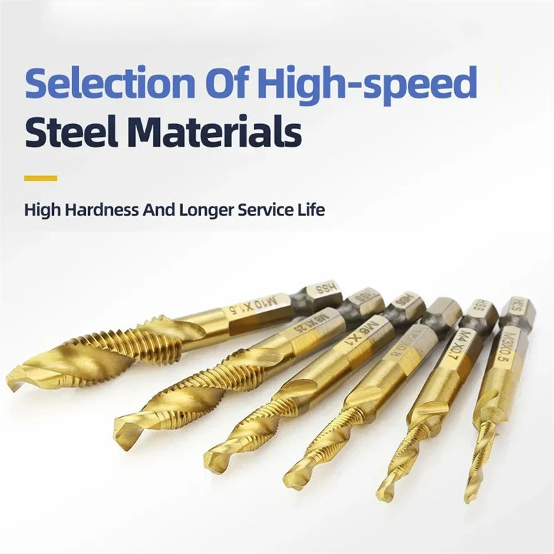 6pcs Tap Titanium Plated Hex Shank Drill Bits HSS Screw Thread Metric Taping Screw Machine Compound Tool M3-M10 Hand Tools