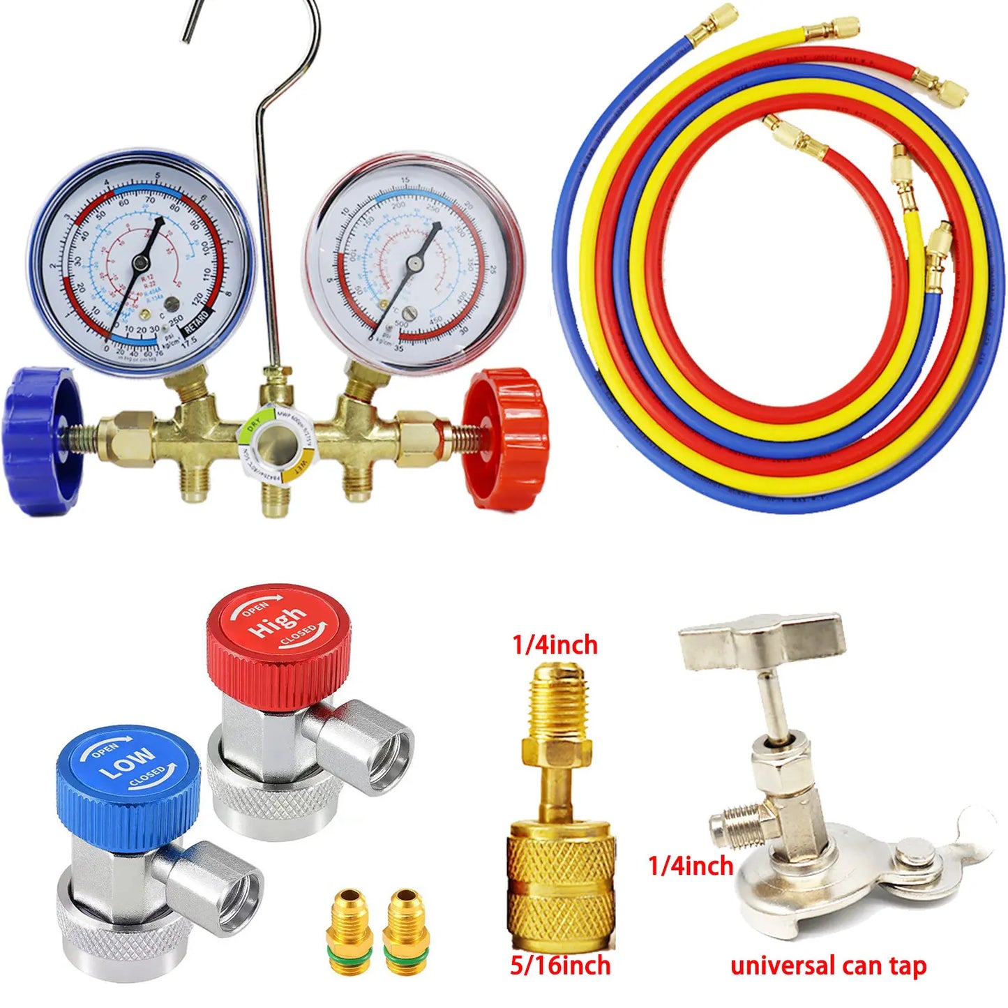 2024 Air Condition Gauge for R12 R22 R-404A R-134a Refrigerants, Manifold Gauge Manometer Valve 500psi with Visual Mirror