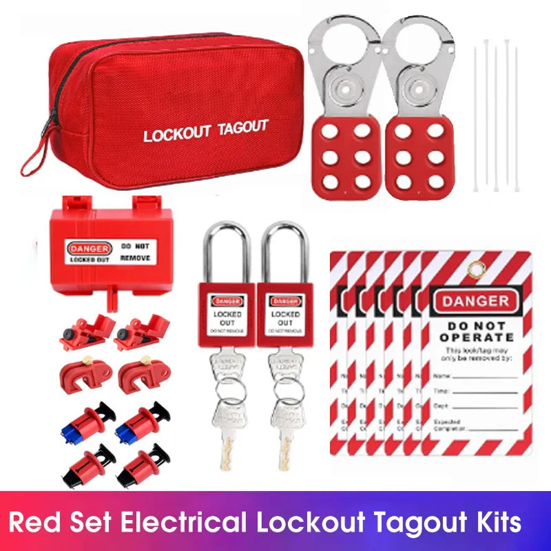 Red Electrical Lockout Tagout LOTO Kit with Pocket Bag Includes Safety Hasp Warning Tags Circuit Breaker Locks Nylon Ties