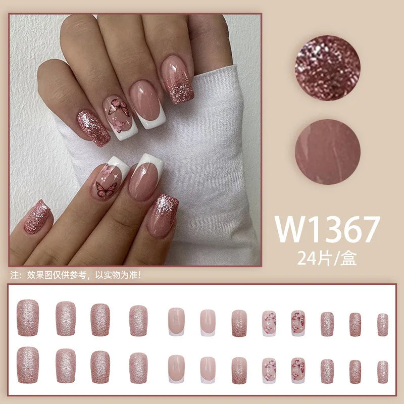 Mandarin Duck 24 Pcs Press on Nails Pink Gradient Fake Nails Glossy Artificial Finger Manicure Reusable False Nails