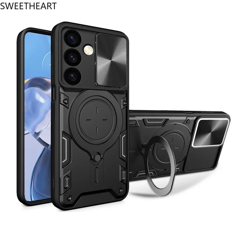 Magnetic Adsorption Armor Metal Ring Case For Samsung Galaxy S25 24 23 22 21 20 Ultra S24 S23 Plus S24FE Incoming Call Flashing