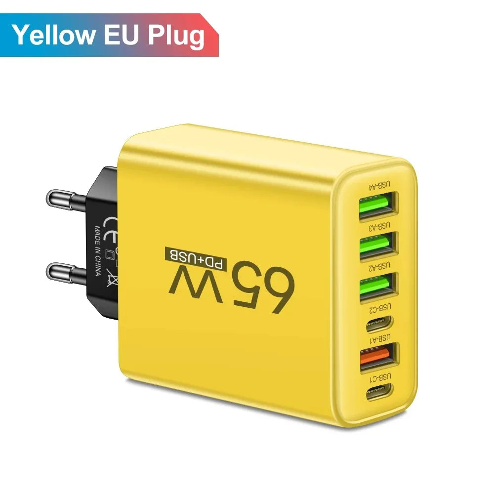 Multi Ports USB Charger 65W 6 in 1 Fast Charging Type C Phone Adapter For iPhone Samsung Xiaomi Huawei EU/US Plug Wall Charger