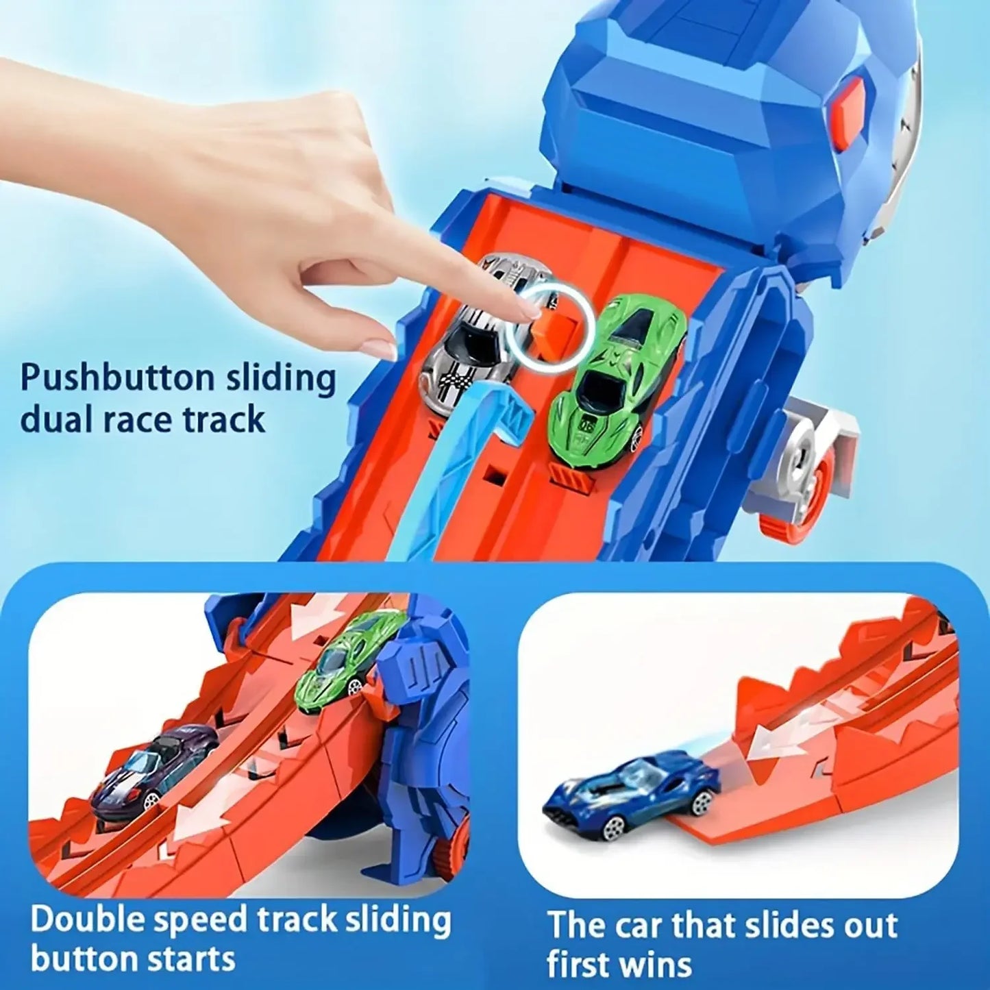 Transport Dinosaur Truck with Foldable Sliding Race Track Transforms into Standing T-rex Best DIY Birthday Gifts Toys Boys Girls