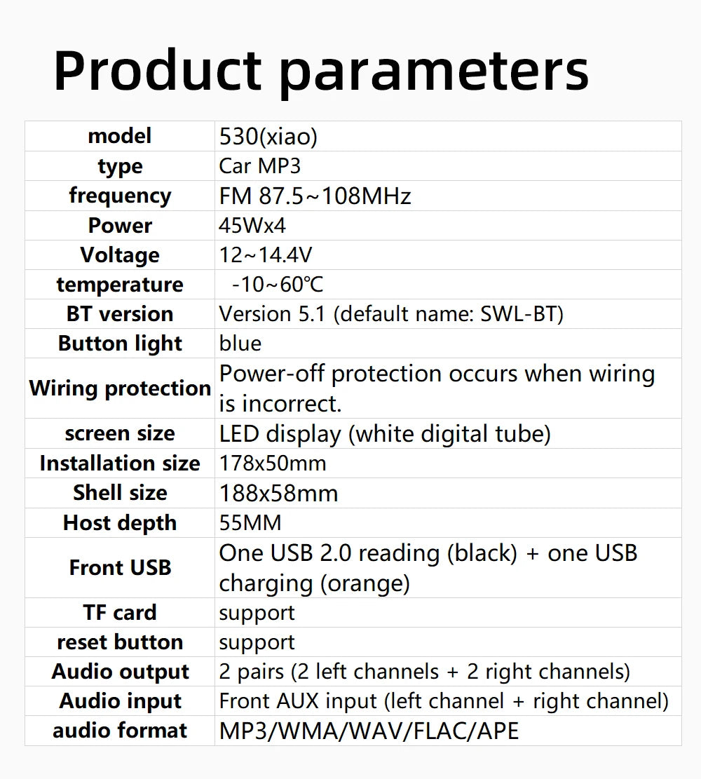 Car MP3 player FM radio AUX input Bluetooth connection Stereo playback Power off memory JSD 520 530