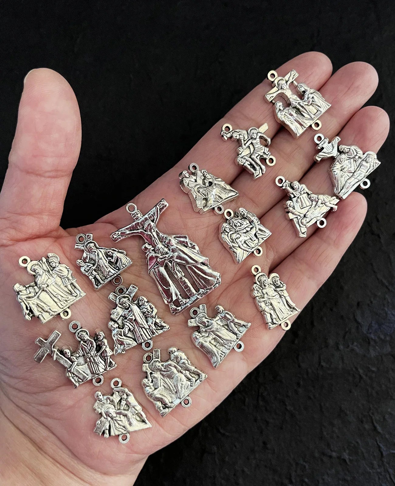 Diyalo 15Pcs Stations of the Cross Devotional Medals Crucifix Jesus Cross Pendant Set for Rosary Parts DIY Making Accessories