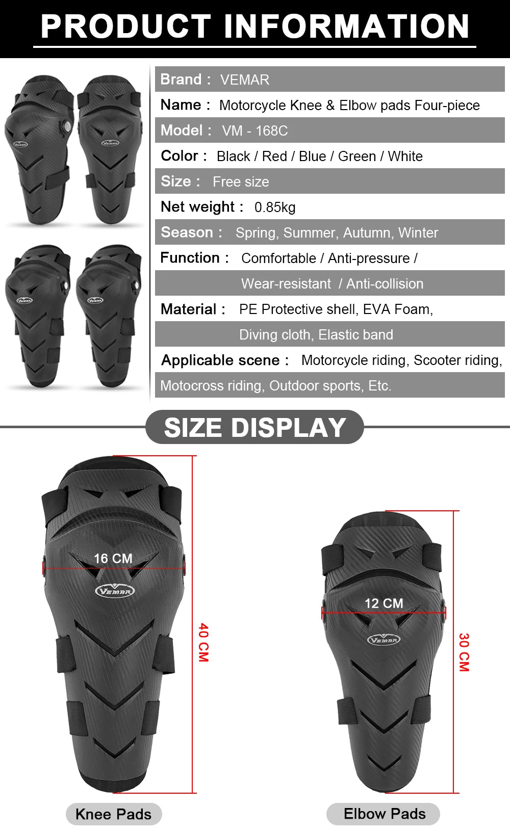 Vemar 4Pcs Motocross Knee Pads Elbow Pads Moto Protection Riding Elbow Guard Motorcycle Motorbike Off-road Racing MTB Knee Pads