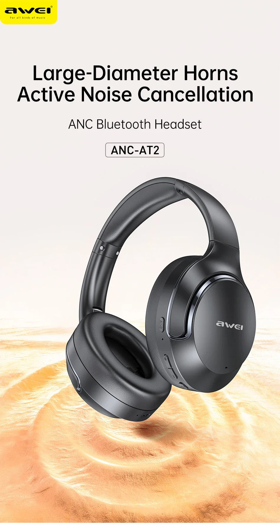 Awei AT2 ANC Wireless Headphones Over-Ear 30dB ANC Headphone Bluetooth 5.3 40mm Dynamic Driver Long Battery Life Earphones