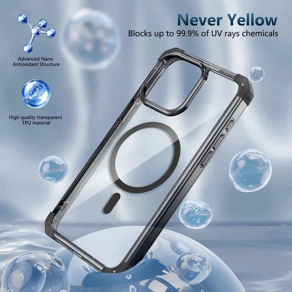 Shockproof Armor Transparent Hard Case For iPhone 16 15 14 13 12 Pro Max 16Pro 15Pro iPhone16 For Magsafe Wireless Charge Covers