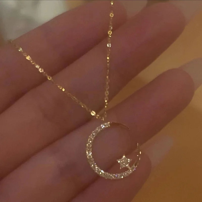 Fashion Zircon Moon Star Pendant Luxury Charm Gorgeous Necklace Women's Versatile Jewelry
