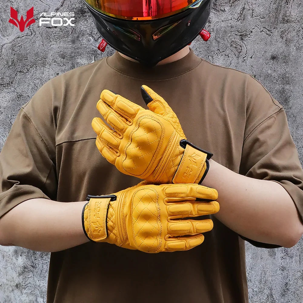 Vintage Leather Motorcycle Gloves Men Women Wear-resistant Motobike Guantes Touchscreen Anti-slip Retro Motobiker Luvas Yellow