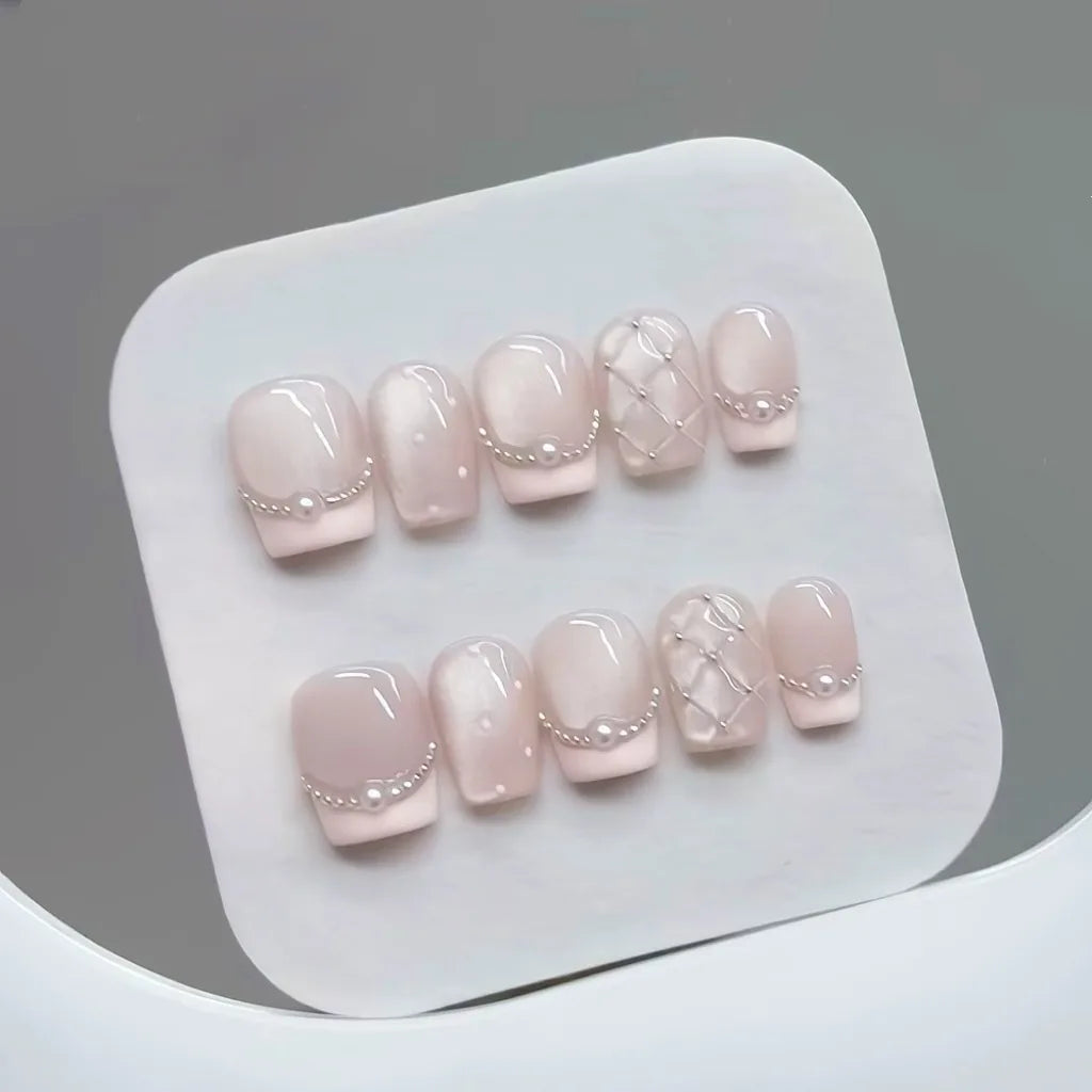 10pcs Handmade Press on Nails Plaid Pearl French Cat's Eye Aurora Fishtail Full Coverage Nail Tip for Women&Girl Removable Nail