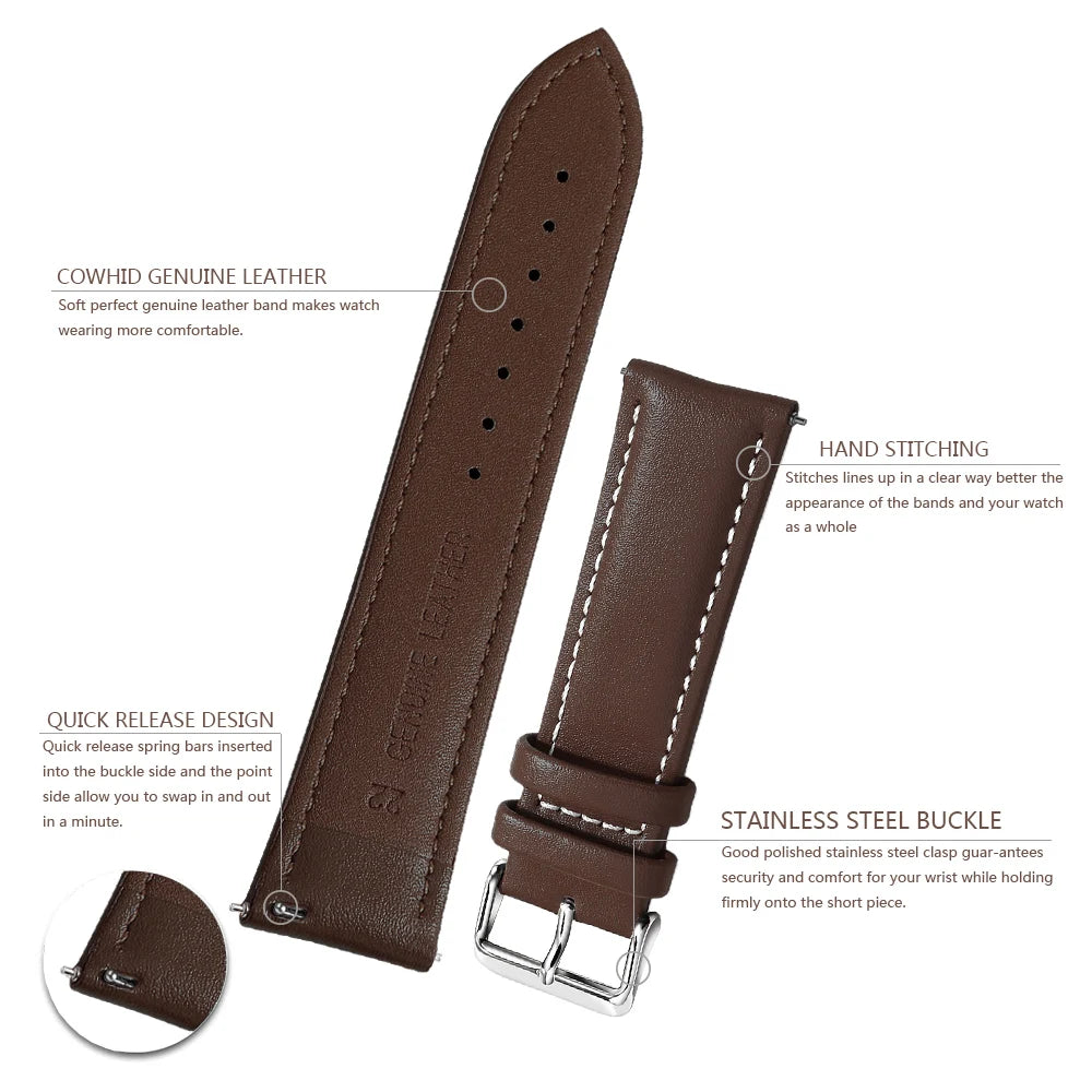 Top Grain Genuine Leather Watch Band, Quick Release 18mm/20mm/22mm Watch Straps, Fits Samsung Galaxy Watch, Garmin Huawei Watch