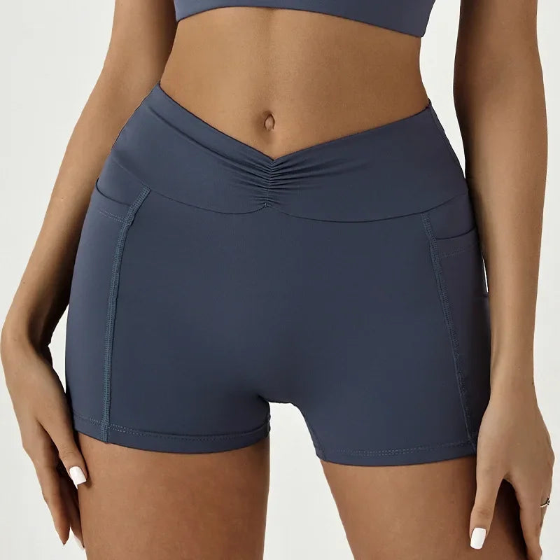 Tight Fitting Hip Yoga Shorts Pockets Women High Waisted Fitness Outdoor Leggings Scrunch Lifting Yoga Biker Shorts