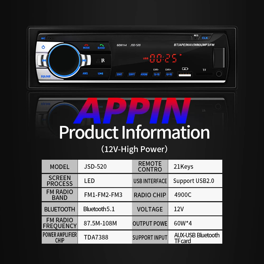(Factory Direct Sales) Car Mp3 Player Stereo 60W*4 12v/24v Car Truck Usb/Tf/Fm/Aux Bluetooth Audio Radio