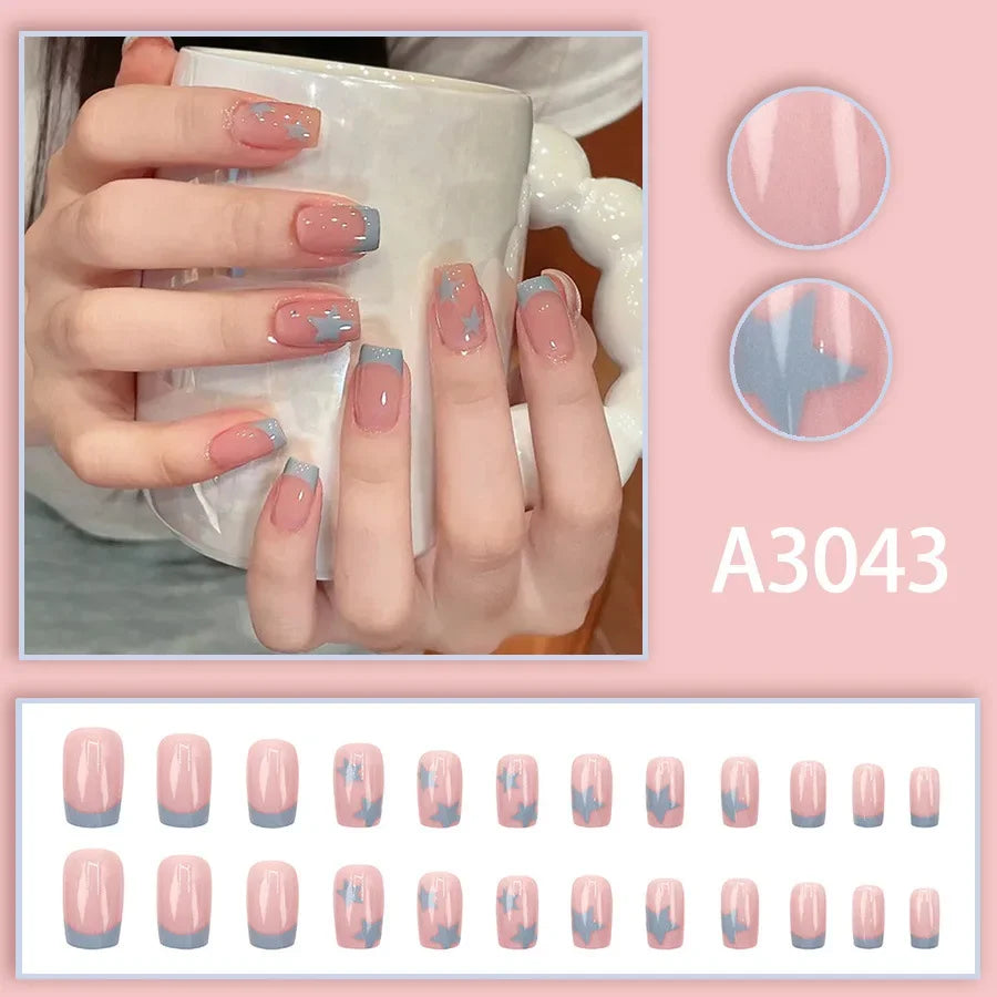 Watercolor Rose Fake Nail with Jelly sticker Press on False Nails Wearable Round Head Oval Full Cover Nail Tips