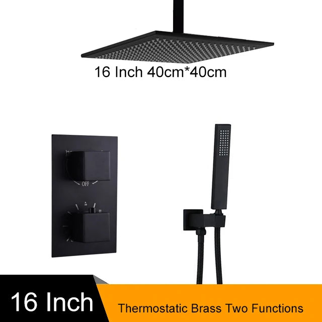 Matte Black Thermostatic Shower Faucet with Rainfall Head And Bathtub Spout Wall-Mounted Concealed Brass Shower  for Bathroom
